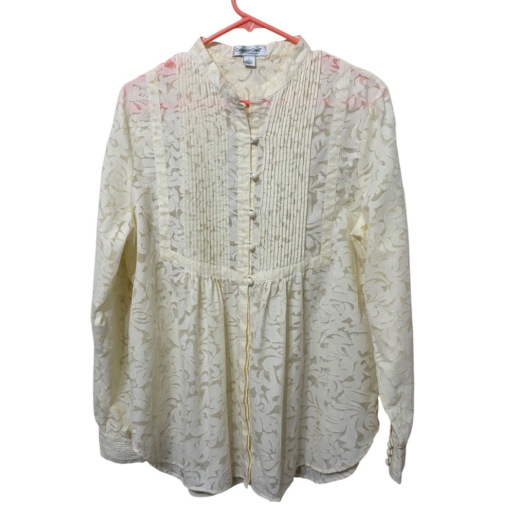 Coldwater Creek Cream Yellow Floral Burnout Pintuck Button Front Blouse Large